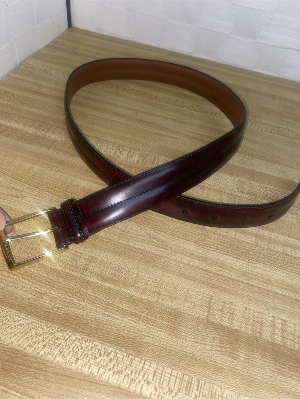 Lands End Red Black Leather Belt Men’s Solid Brass Buckle 32 Made in USA